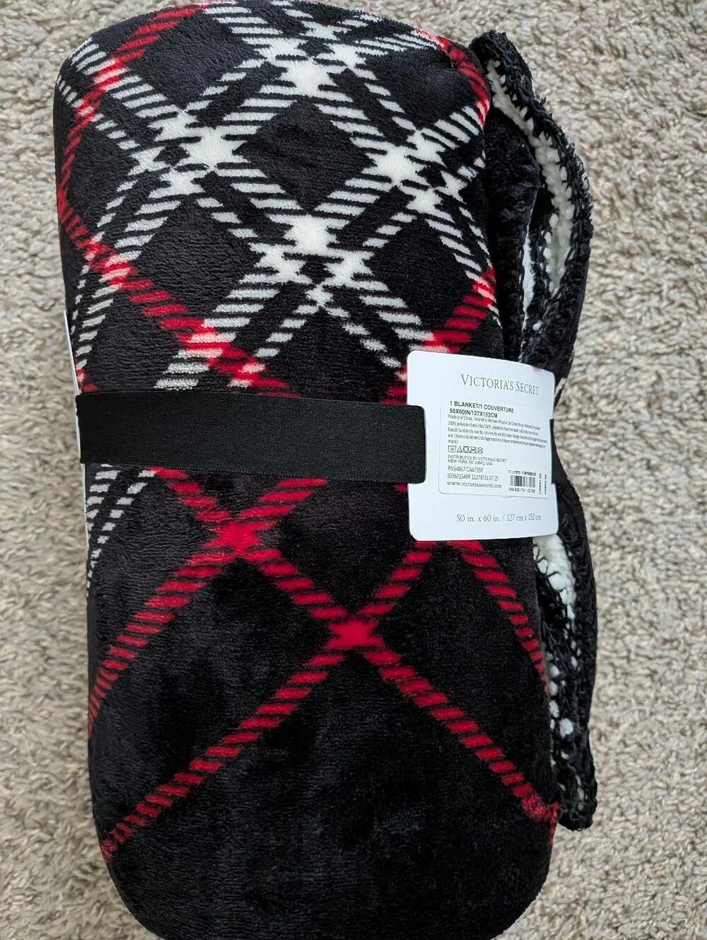 Victoria's Secret Black, White & Red Plaid Plush Throw